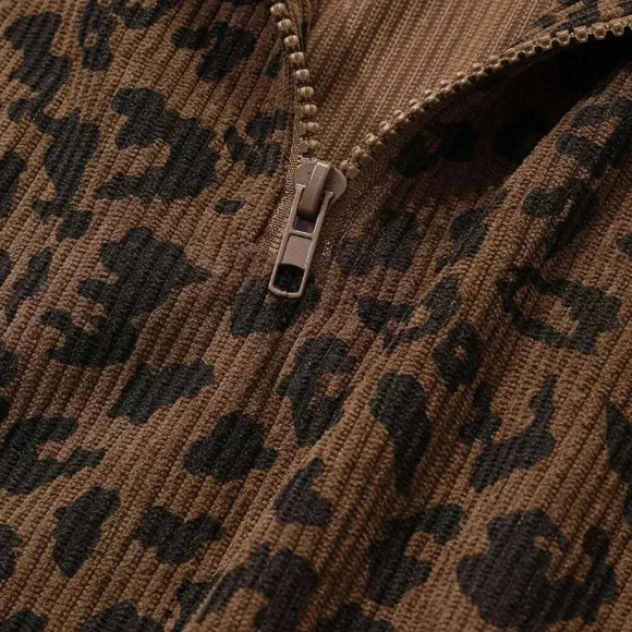 Brown Casual Women's Zip Up Front Long Sleeve Leopard Print Sweatshirt - Picture 6 of 6
